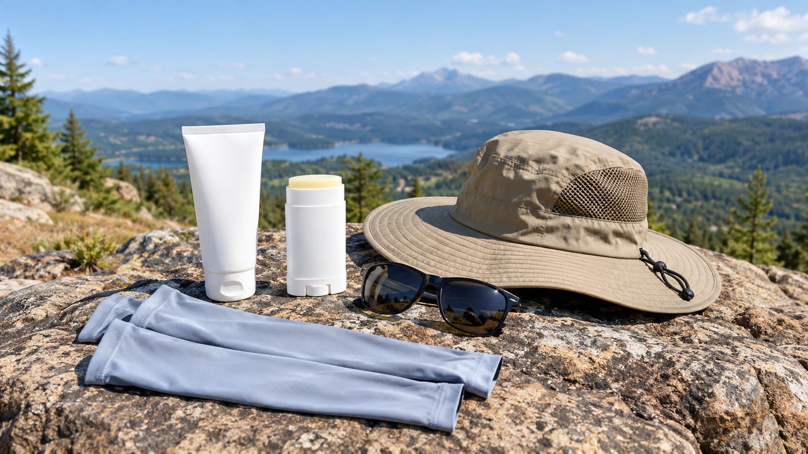 Sunscreen tube, stick, sunglasses, sun hat, and UV sleeves on a rock overlooking mountains
