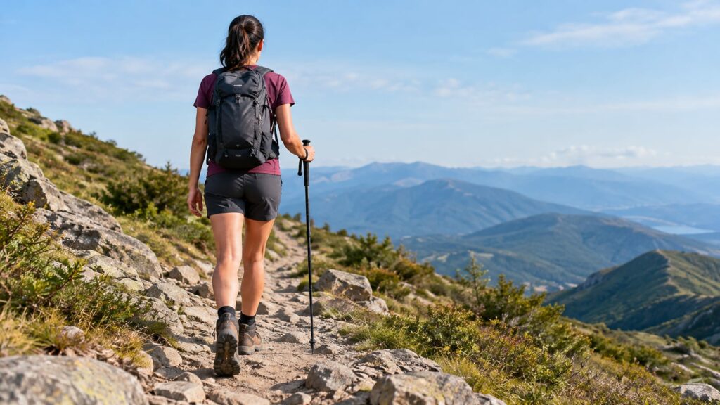 A woman in hiking boots with backpack and trekking pole hikes on mountain trail