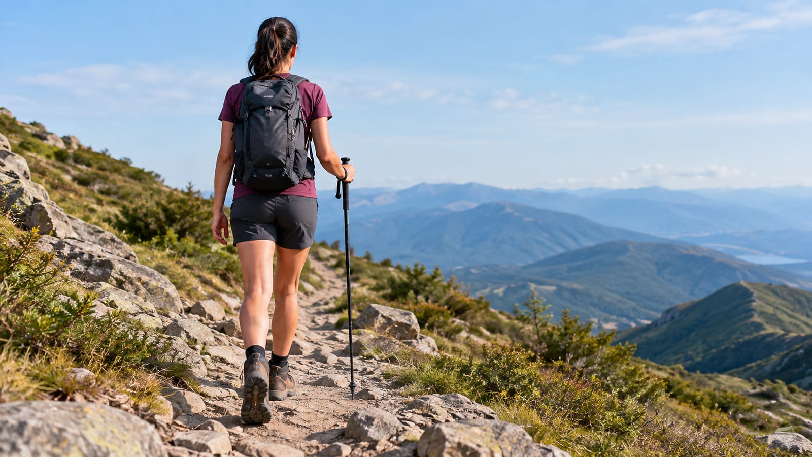 A woman in hiking boots with backpack and trekking pole hikes on mountain trail