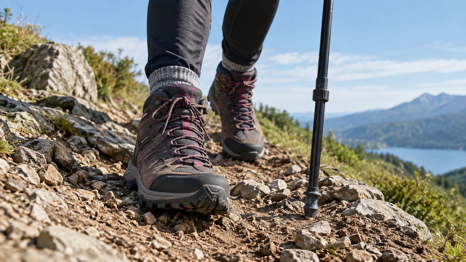 Hiker in brown hiking boots on rocky trail with black trekking pole and lake and mountains