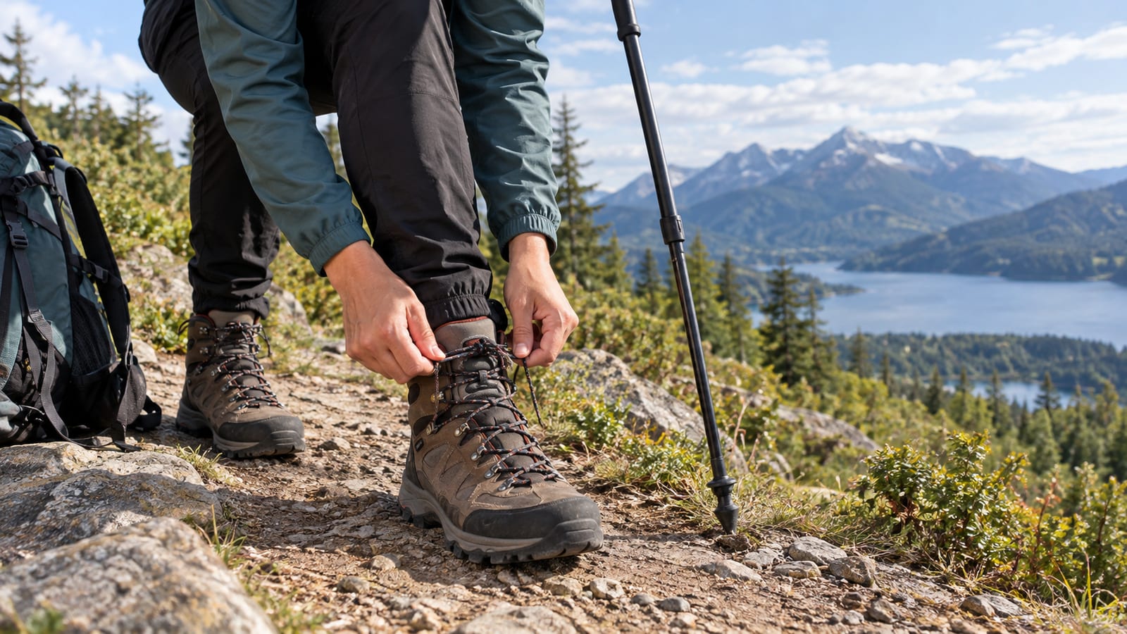 Hands adjusting hiking boot laces to secure the heel before a trail walk