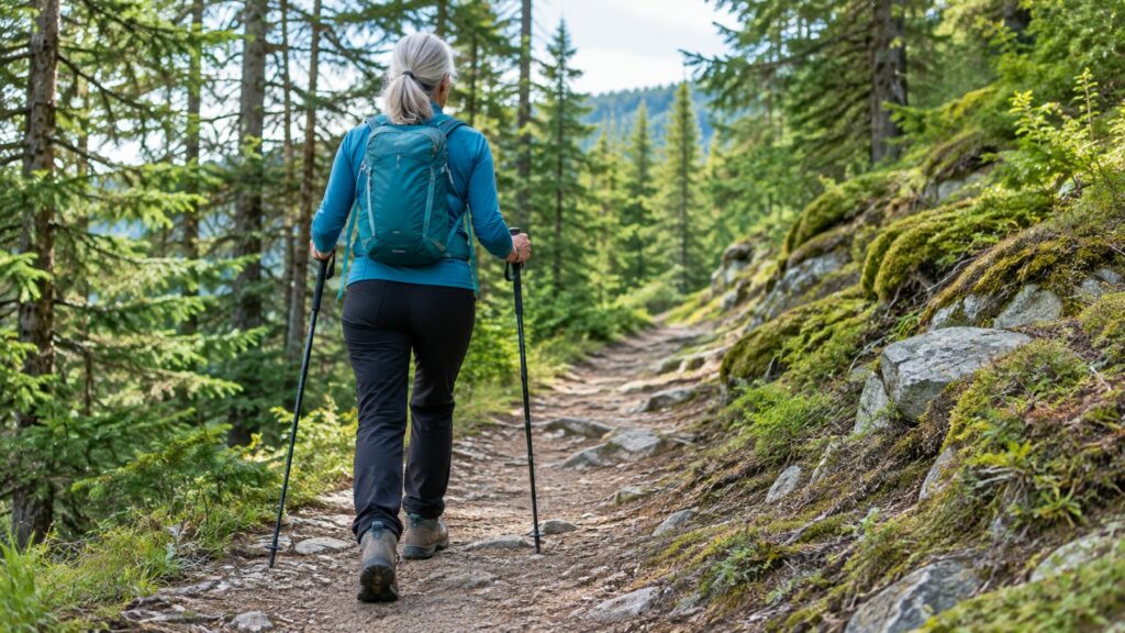 A hiker wearing a blue pack walks along a dirt trail through a pine forest