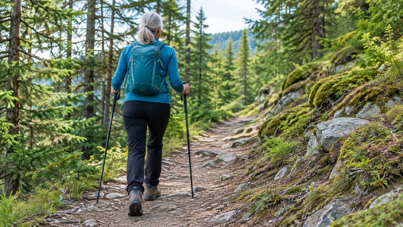 A hiker wearing a blue pack walks along a dirt trail through a pine forest