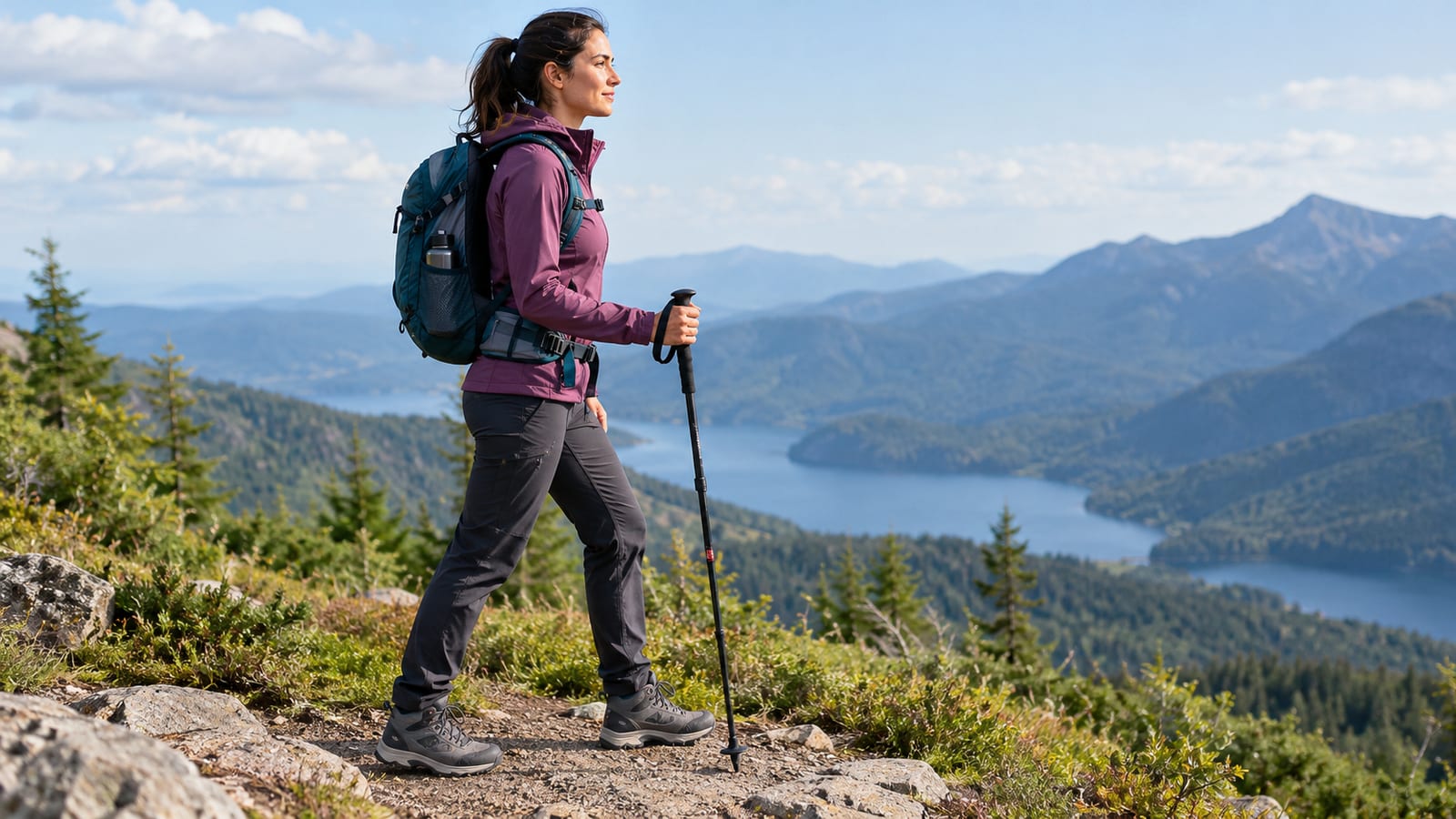 A woman wearing a daypack hikes along a rocky mountain trail overlooking a lake