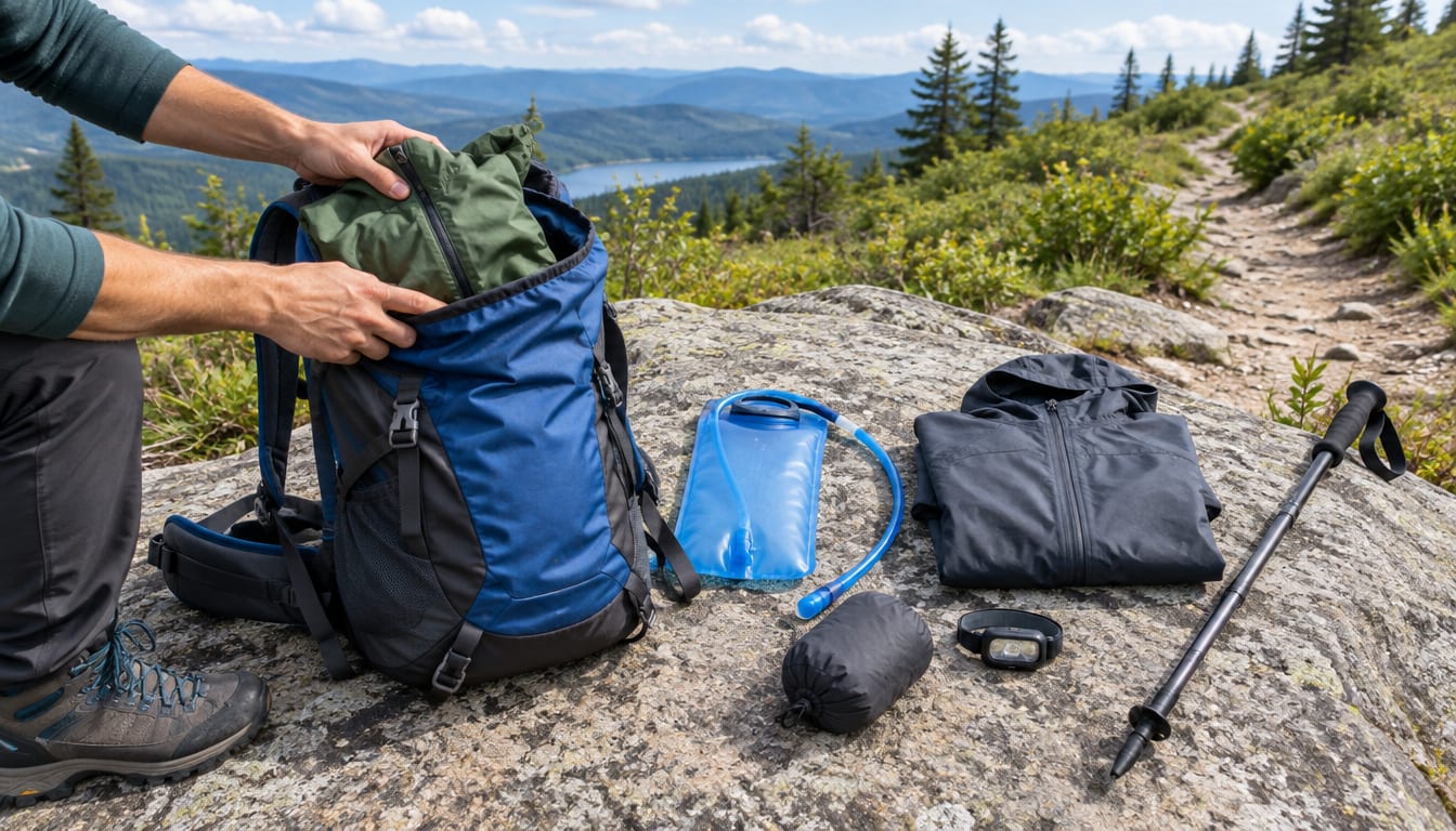 A hiker packing a blue daypack on a boulder beside hiking gear overlooking mountains