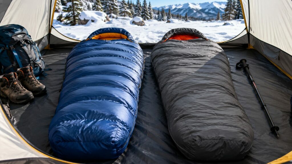 Two winter sleeping bags inside a tent overlooking a snowy mountain landscape
