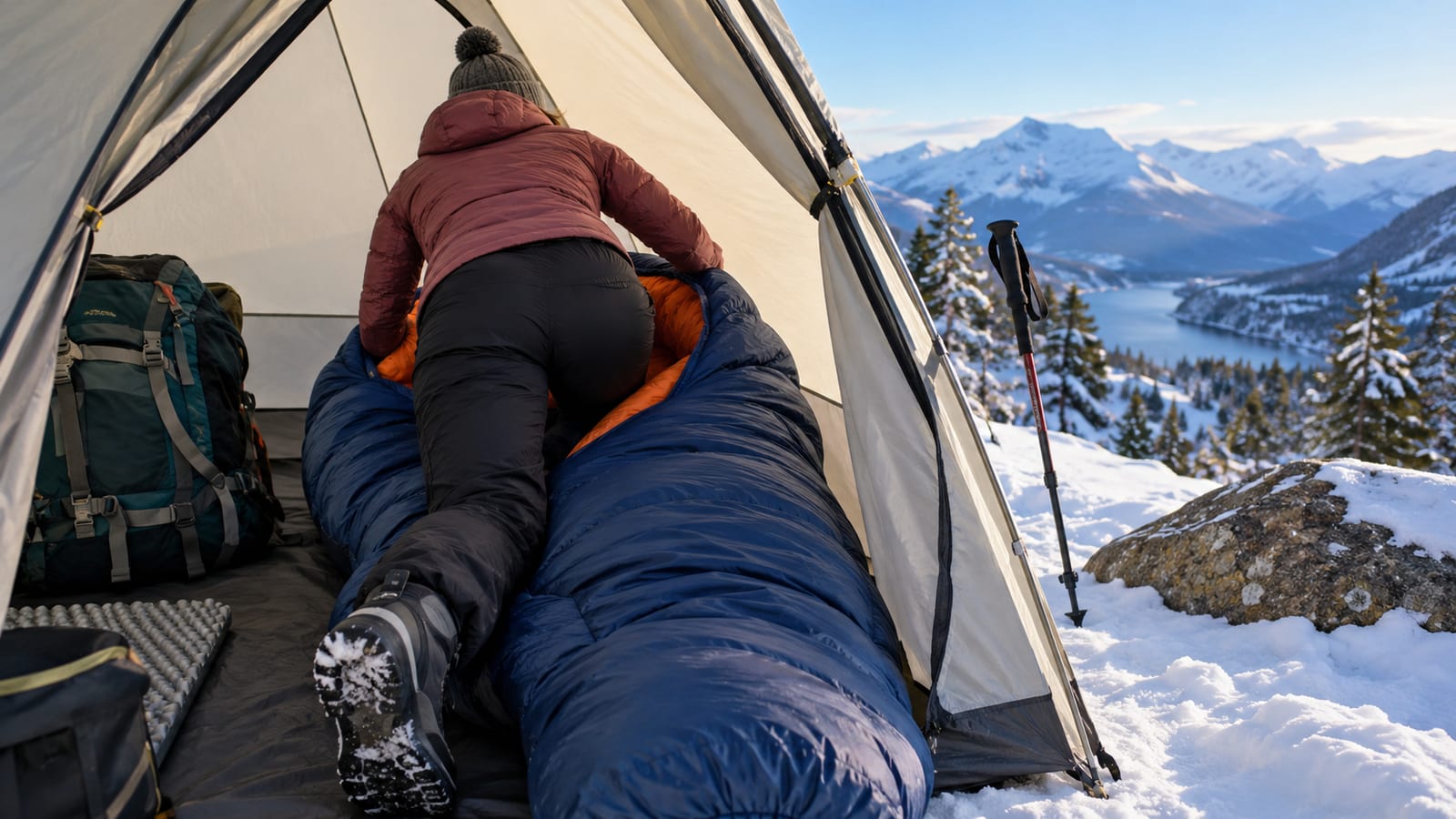 A camper climbs into a blue winter sleeping bag inside a tent overlooking snowy mountains