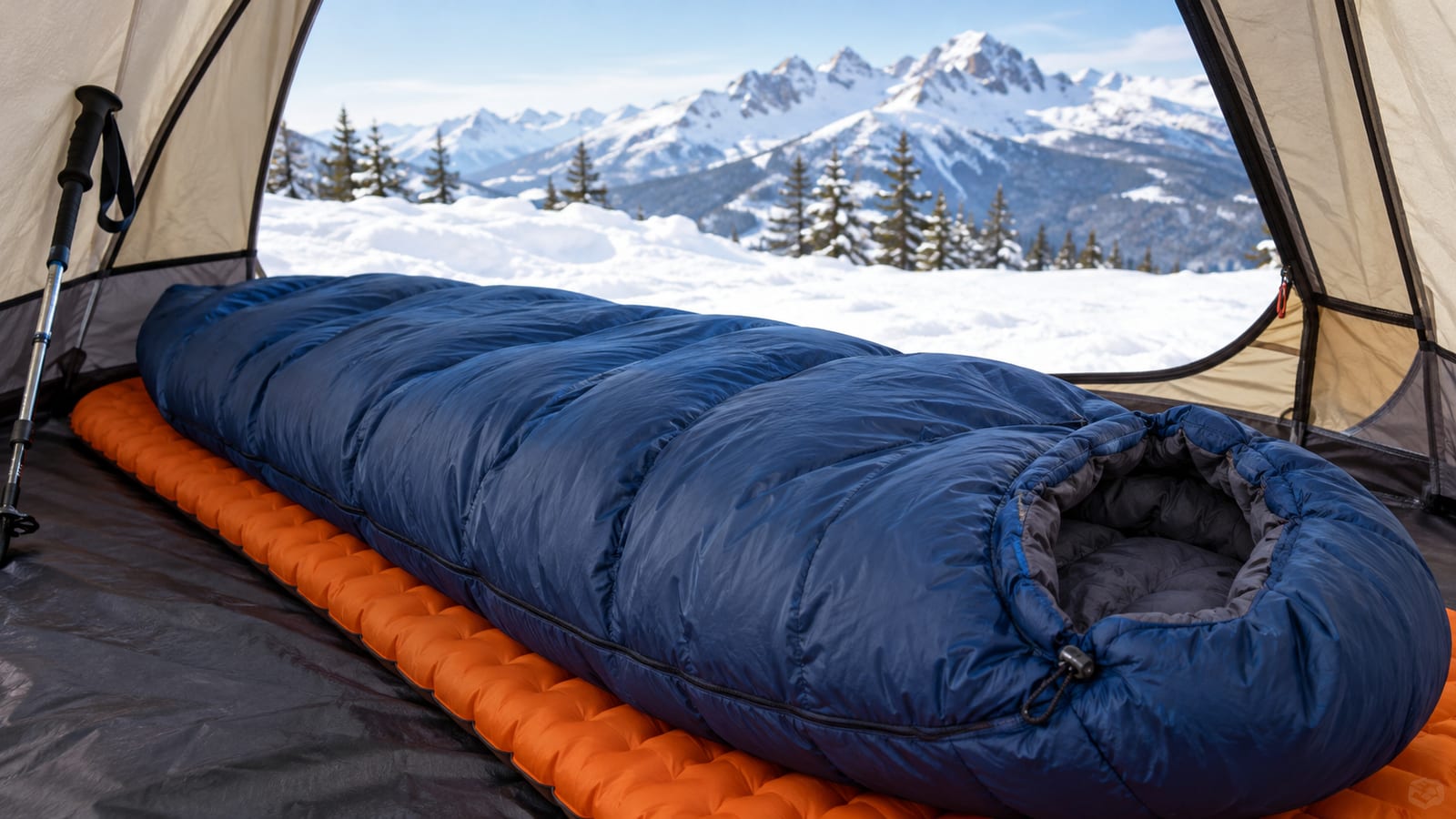 A blue sleeping bag on an orange camping pad inside a tent overlooking snowy mountains
