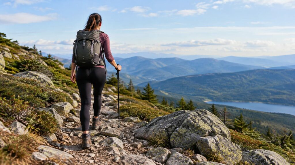Woman wearing hiking boots and a backpack walks along a rocky path overlooking mountains