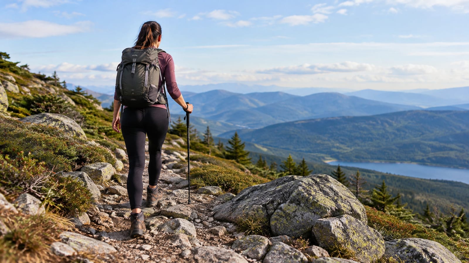 Woman wearing hiking boots and a backpack walks along a rocky path overlooking mountains