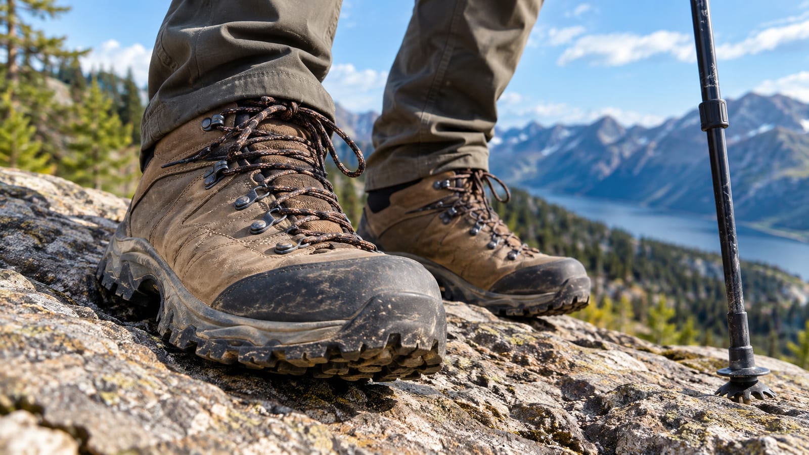 Brown leather hiking boots standing on a rocky mountain ledge beside a trekking pole