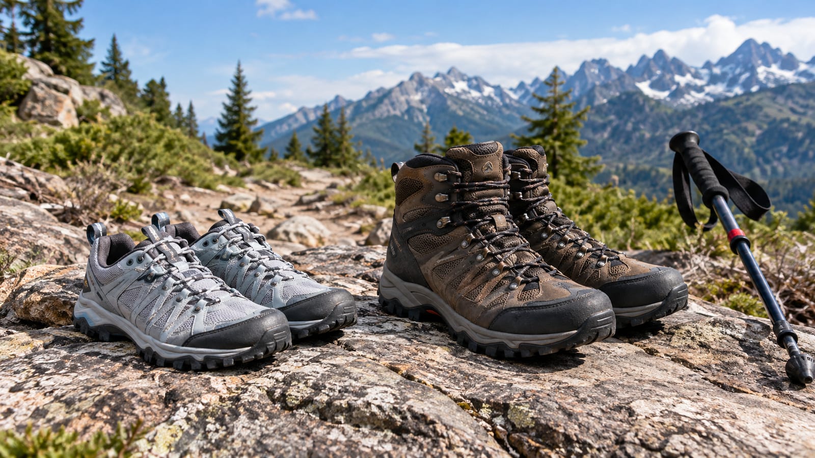 Hiking shoes and brown hiking boots beside a trekking pole on a rocky mountain trail