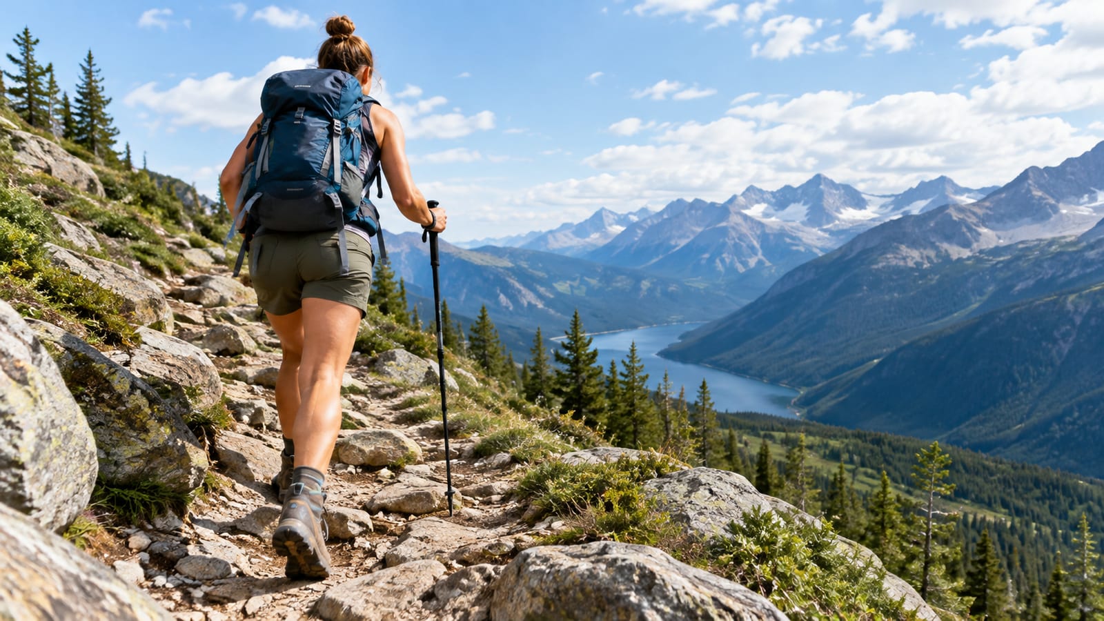 A hiker wearing hiking boots walks along a rocky trail overlooking mountains and a lake