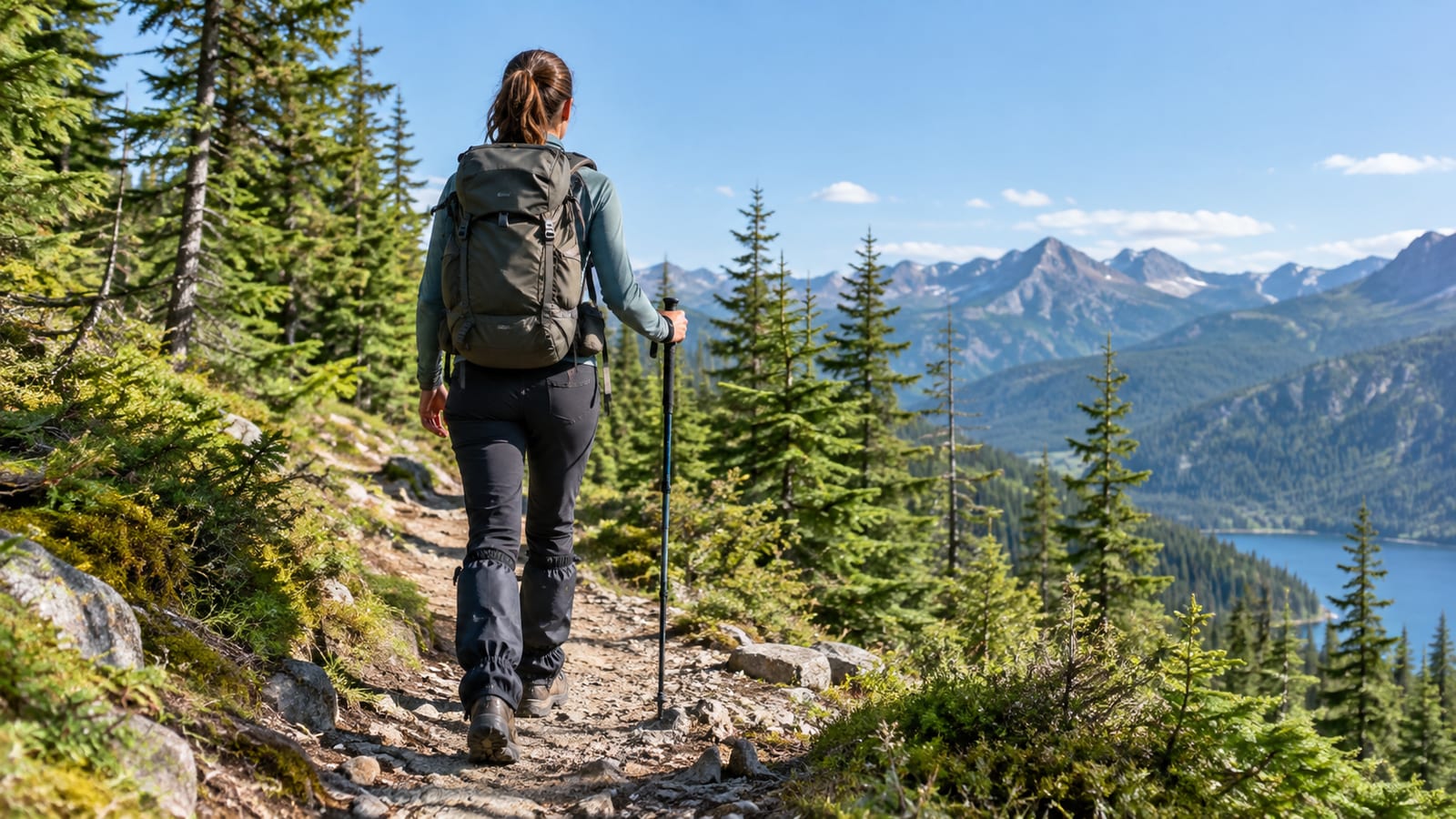 A hiker wearing gaiters walks along a rocky mountain trail overlooking a lake