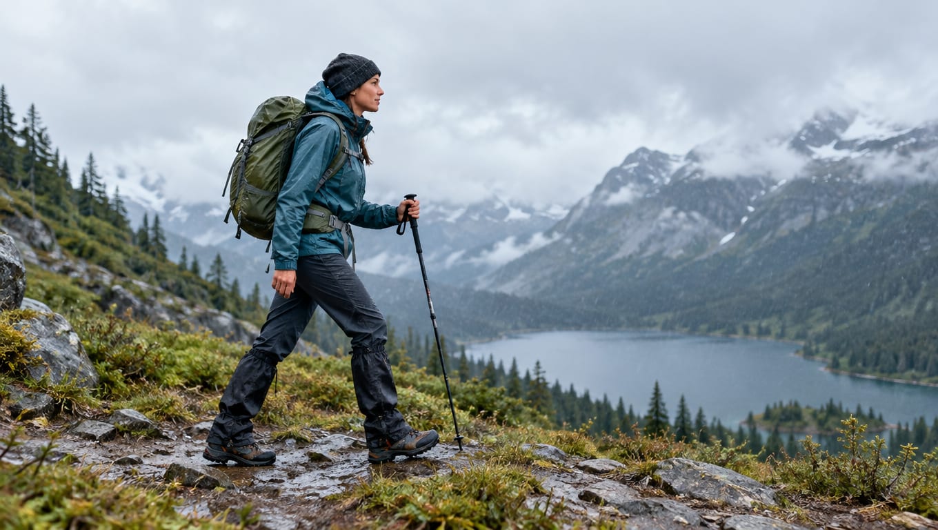 A woman wearing hiking gaiters walks along a rocky mountain trail overlooking an alpine lake