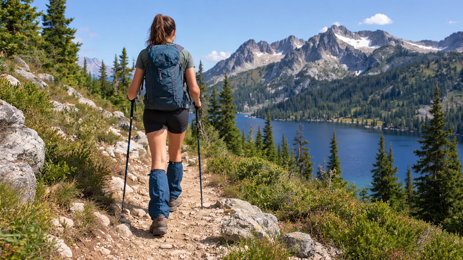 Woman wearing hiking gaiters walks along a rocky trail overlooking a mountain lake