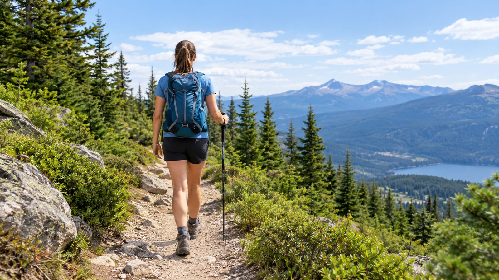 Woman wearing a blue hiking shirt hikes along a dirt trail overlooking a mountain lake