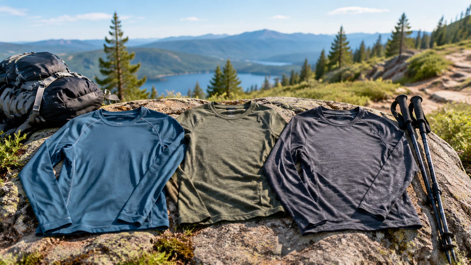 Three hiking shirts laid on a rock beside a backpack and trekking poles