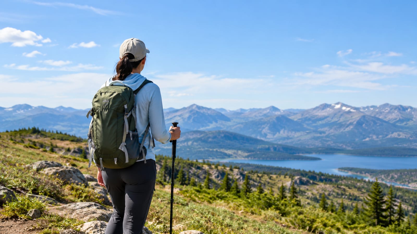 Hiker wearing a light blue hiking shirt and backpack overlooking mountains and a lake