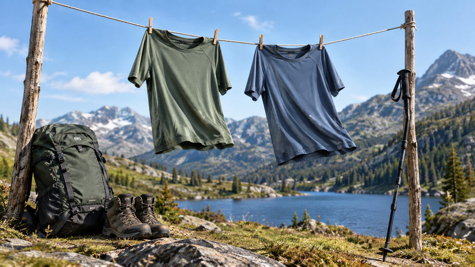 Two hiking shirts hang on a clothesline near a backpack, boots, and a mountain lake