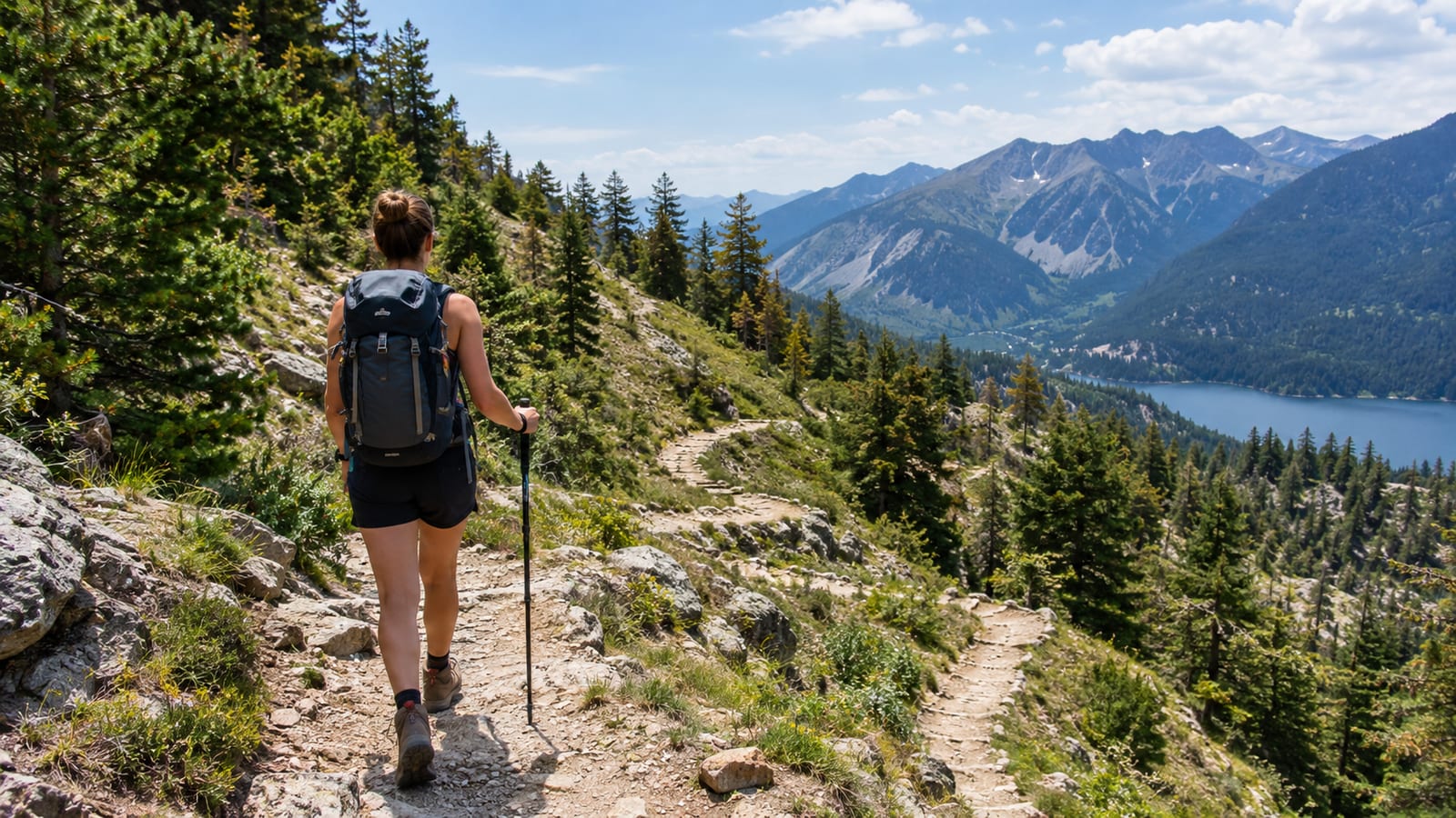 A hiker with a backpack and trekking pole walks along a winding mountain trail