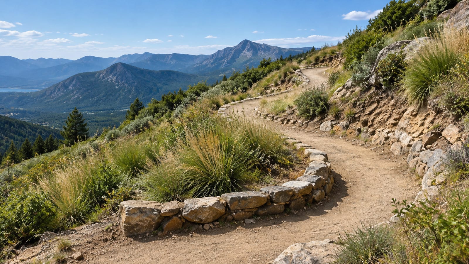 A winding dirt hiking trail switchbacks up a steep, grassy mountain slope with distant peaks