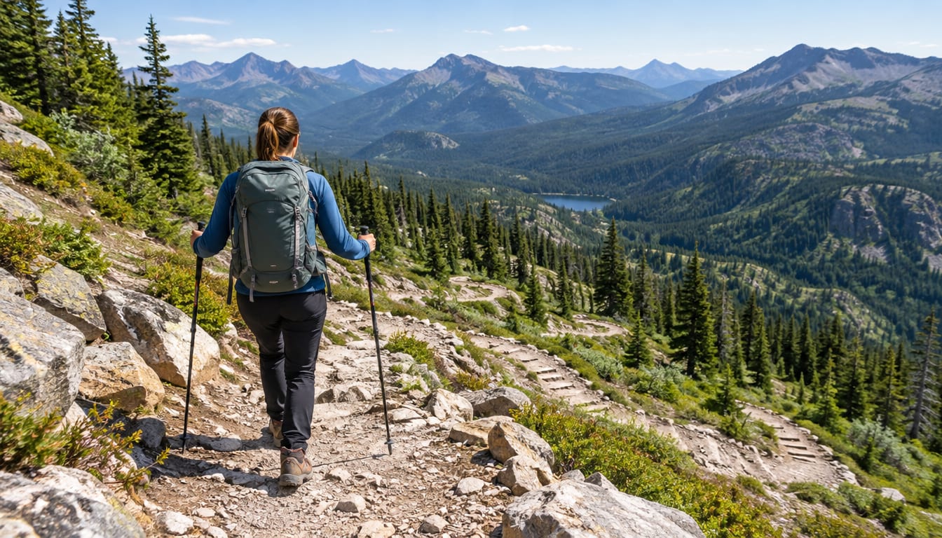 A hiker with a backpack and trekking poles descends a rocky switchback mountain trail