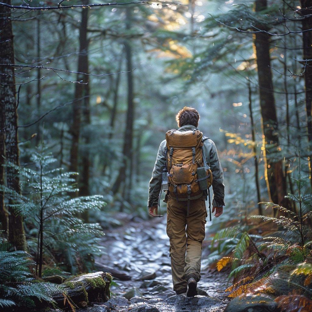hiking through wooded trail