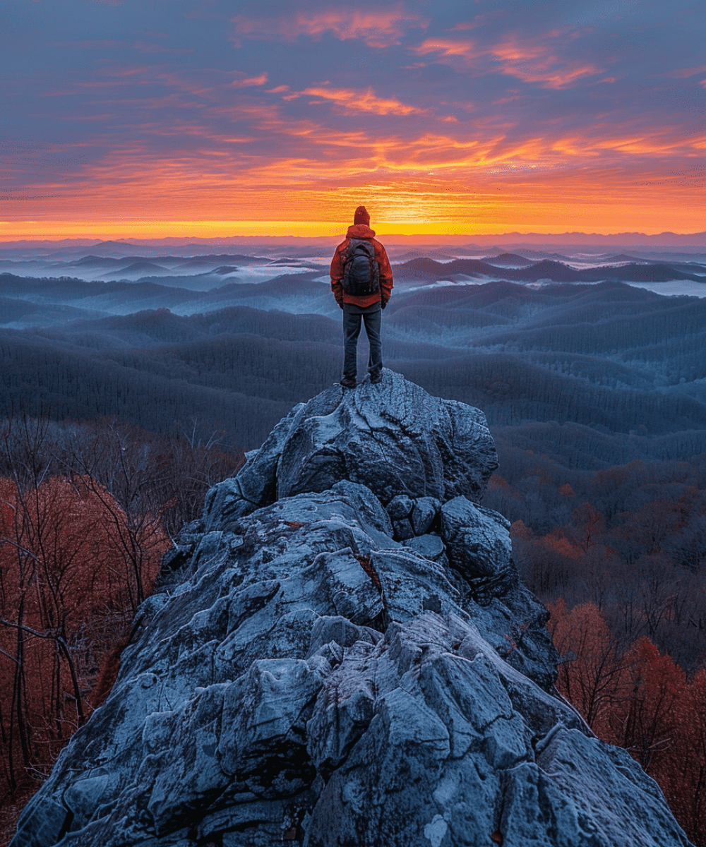 standing on a mountain peak at sunrise standing on a mountain peak at sunrise