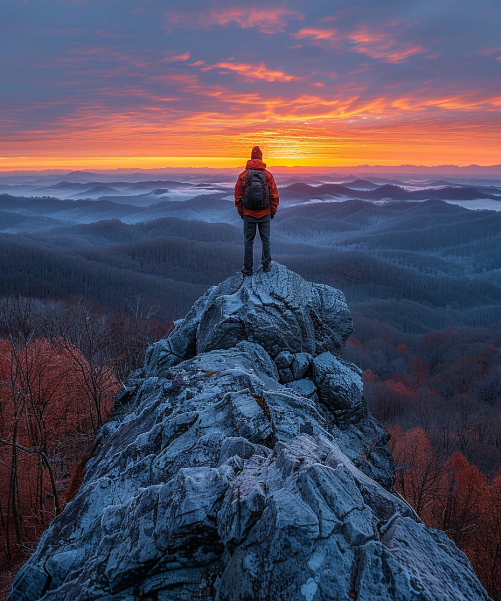 standing on a mountain peak at sunrise